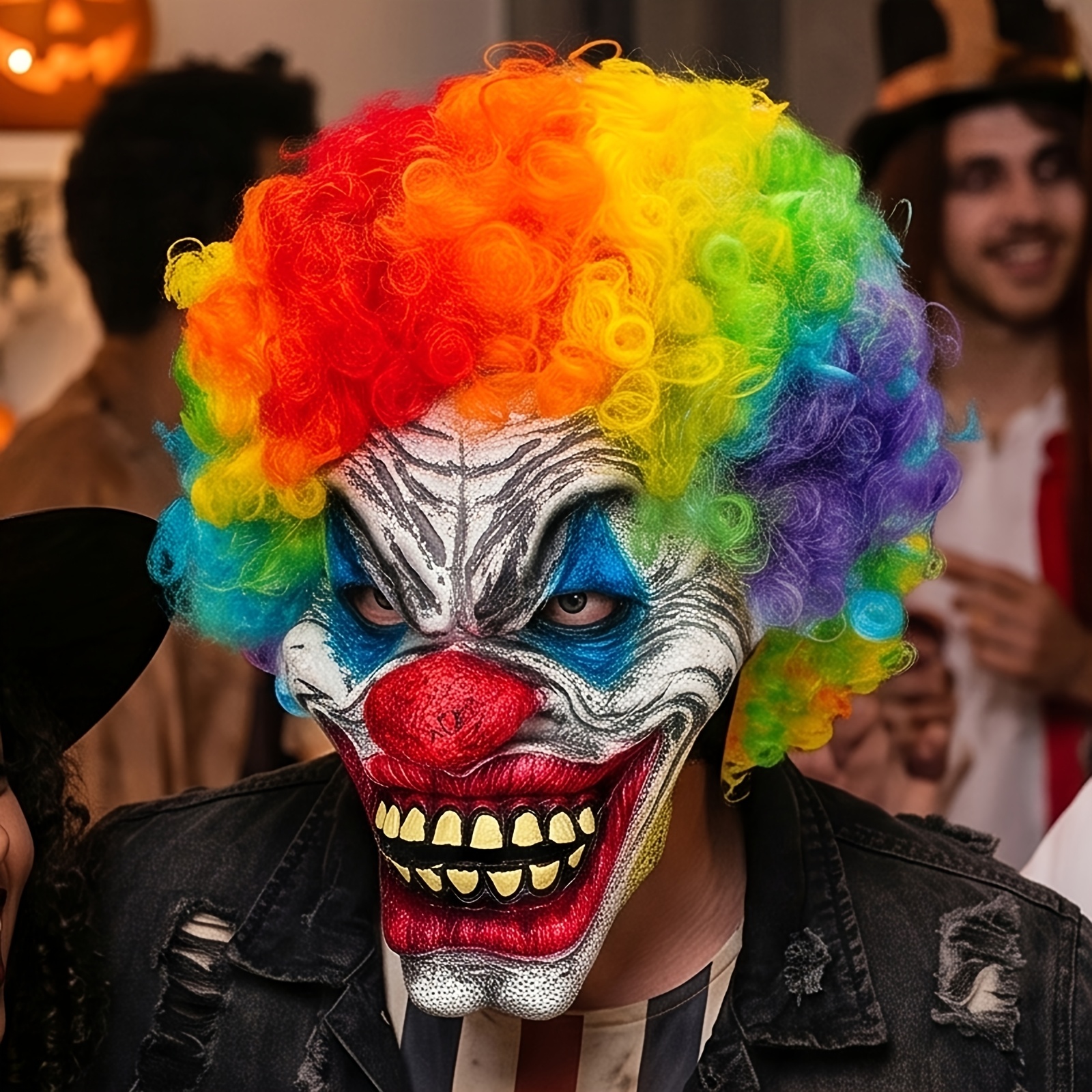 Premium Evil Clown Latex Mask with Rainbow Wig, Creepy Jester Prop
